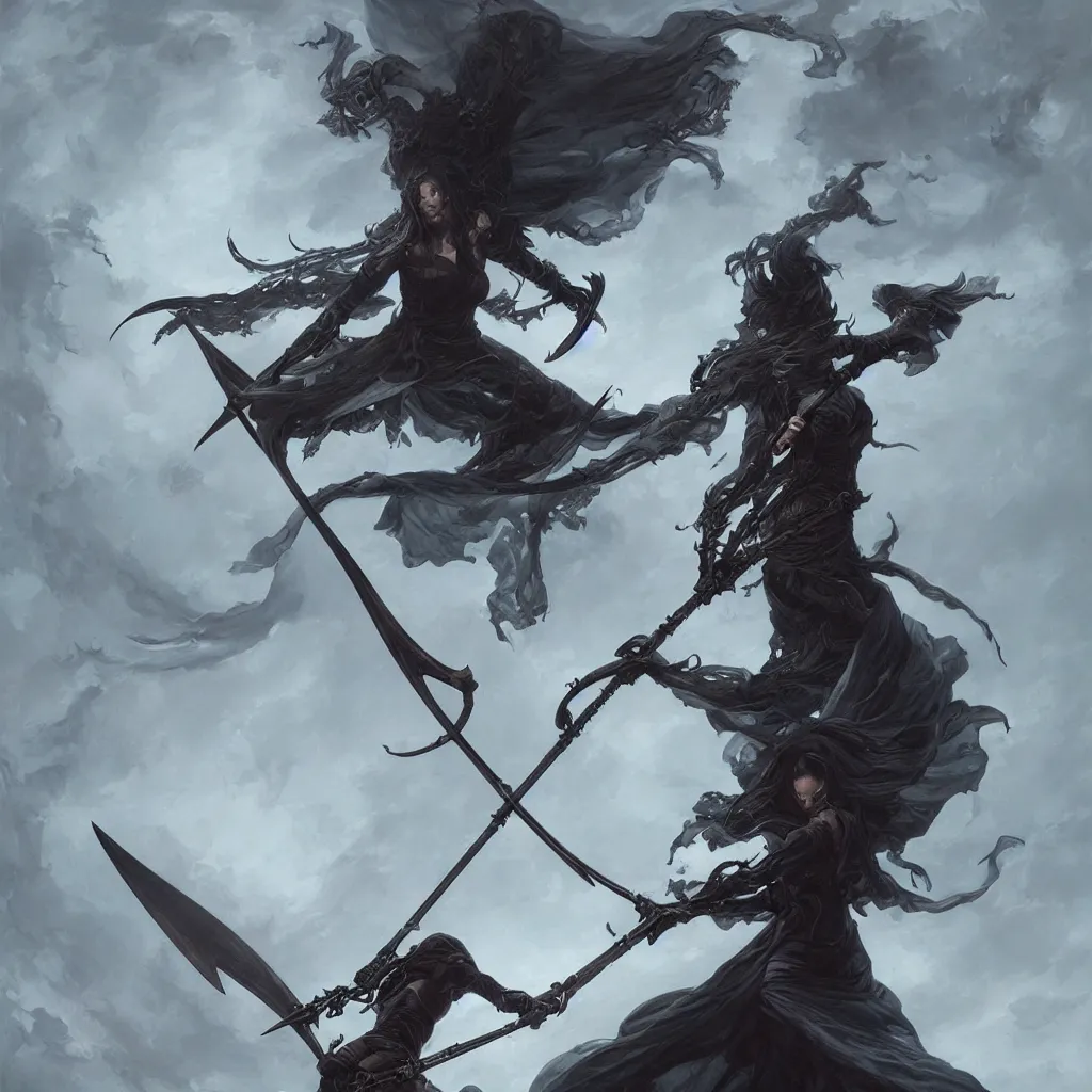 Prompt: female Death reaper swinging her scythe, centered, hyperdetailed, artstation, cgsociety, by greg rutkowski, by Gustave Dore
