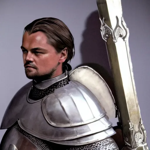 Prompt: portrait of leonardo dicaprio as a templar knight in full plate armor