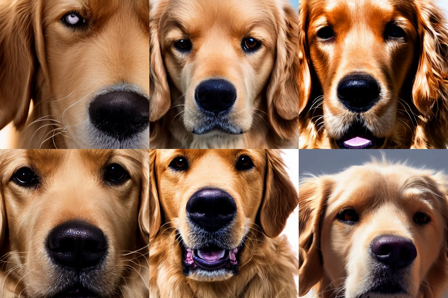 Prompt: extreme close-up portrait of a golden retriever looking into the camera, studio lighting, macro photography