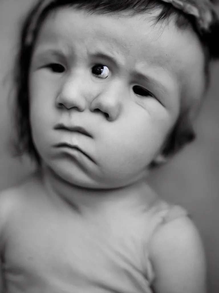 Image similar to High resolution black and white portrait with a 35mm F/5.0 lens of a single child, single head, from Soviet Russia with eyes closed with a sorrowful face about to cry.