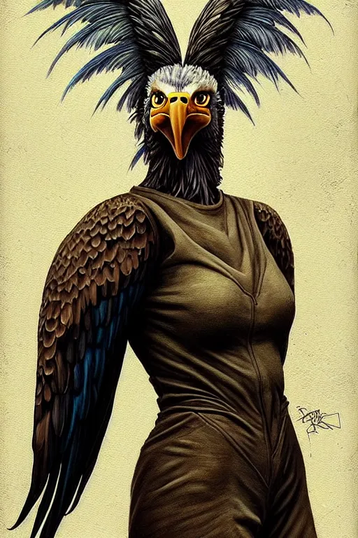 Prompt: epic professional digital art of female human - eagle hybrid animal wearing air force jumpsuit, humanoid feathered head, eagle beak, painting, by steve ditko, artgerm, leesha hannigan, artstation, cgsociety, wlop, epic, much wow, much detail, gorgeous, detailed, cinematic, masterpiece