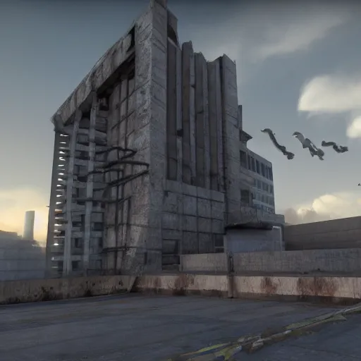 Prompt: a Half life level, from the 1998 PC game Half life in the Dead, brutalist architecture, stunning volumetric light, sunset, metal, concrete and translucent material, stunning skies, majestic landscape, trending on Artstation, 8k, photorealistic, hyper detailed, unreal engine 5, IMAX quality, cinematic, epic lighting, in the style of Moby Francke