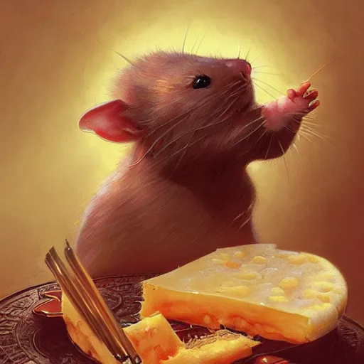 Image similar to a rat eating cheese , D&D, fantasy, intricate, cinematic lighting, highly detailed, digital painting, artstation, concept art, smooth, sharp focus, illustration, art by Artgerm and Greg Rutkowski and Alphonse Mucha