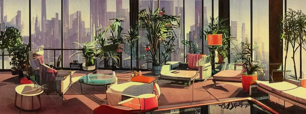 Image similar to concept art, retro - futurist penthouse, reflections, night lighting, designer furniture, high ceiling, 6 0 s colour palette, plants, flowers, floor lamps, multi - level, soft lighting, city view, bladerunner, james jean, syd mead, akihiko yoshida, cinematic