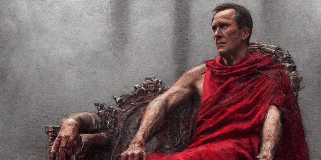 Image similar to the end is near. a tired julius caesar is sitting on his throne. face is highly detailed. splices of red are running down his toga. mist. color scheme red. low angle medium shot. imagined by jeremy lipking