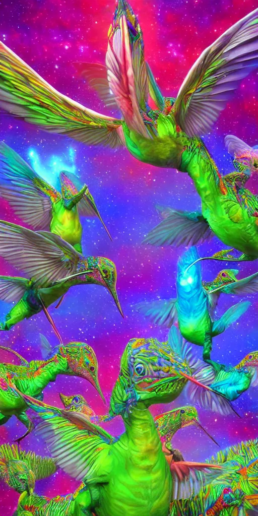 Prompt: psychedelic dinosaurs, four - dimensional hummingbirds, color, consciousness, and the dazzling universe of tetrachromacy, ambient occlusion, vray render,