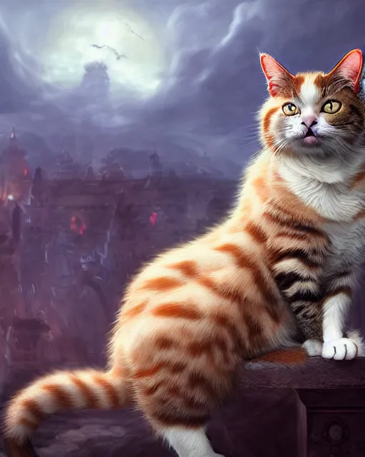 Image similar to a cat. a detailed portrait digital rococo painting of a beautiful cat wearing fantasy clothing. the cat has an, evil mood, hellish battlefield in the background, unreal engine, embers flying, hyper realism, realistic shading, cinematic composition, blender render, octane render, ultrawide shot