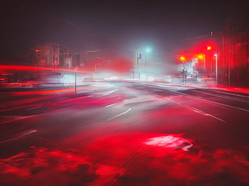 Image similar to “photography of busy intersection, motion blur , fog, red lights, night, mood, atmospheric, full of colour, digital photography”