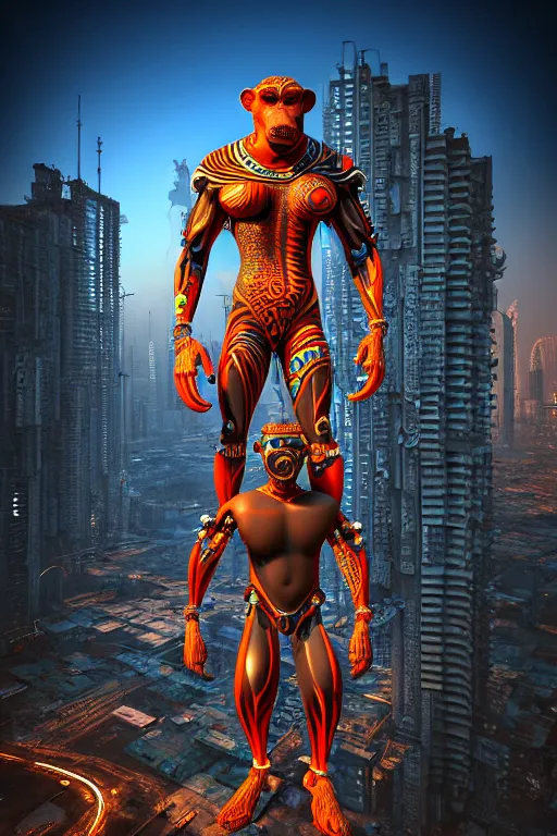 Image similar to high quality 3 d render stylized mischievous cyborg muscular man monkey hybrid, neon madhubani, highly detailed, cyberpunk!! mumbai in the background, unreal engine cinematic smooth, szukalski ravi varma, moody light, low angle, uhd 8 k, sharp focus