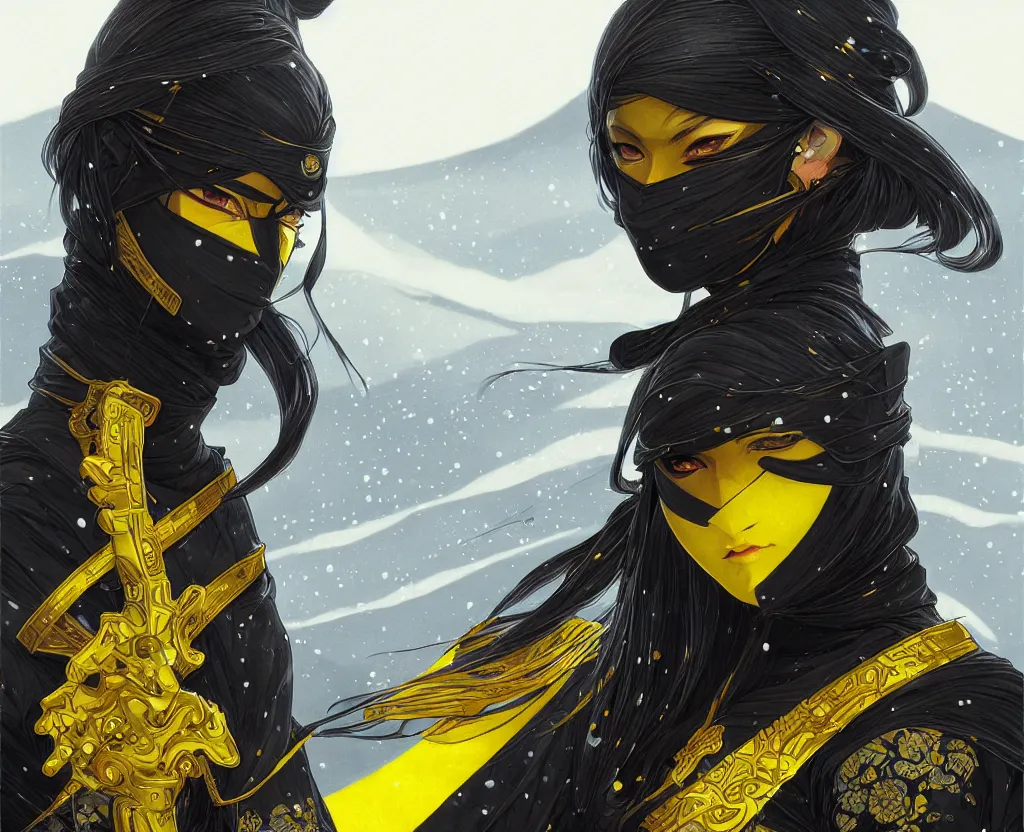 Image similar to portrait ninja gaiden girl, black plus yellow ninja wardrobe, at snowy fuji mountain sunrise, ssci - fi and fantasy, intricate and very very beautiful, detailed, digital painting, artstation, concept art, smooth and sharp focus, illustration, art by tian zi and wlop and alphonse mucha