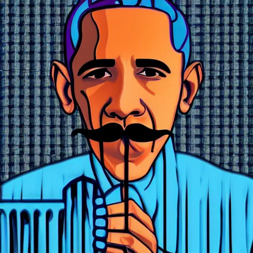 Image similar to Obama with a mustache eating pasta, vaporwave