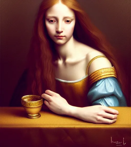 Image similar to portrait of a beautiful long - haired woman sitting upon a table with heightened detail, poised, intense emotion, detailed facial expression, detailed surroundings, intricate, elegant, highly detailed, centered, digital painting, artstation, concept art, smooth, sharp focus, illustration, by ( leonardo da vinci ), wlop