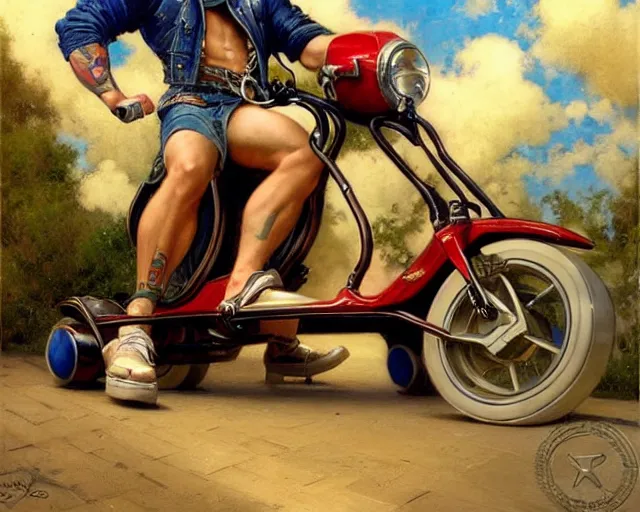 Prompt: handsome tattooed blonde gym bro rides an e - scooter, cool colors, hard angles, painting by gaston bussiere, craig mullins, j. c. leyendecker, tom of finland