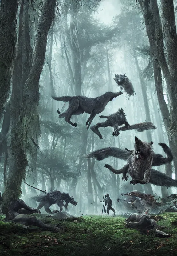 Prompt: a party of adventurers are attacked by a dire wolf in a forest glade, digital art, greg rutkowski, junju ito, unreal engine, octane render, cinematic lighting, highly detailed