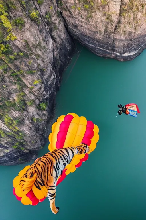 Image similar to cinematic hairy tiger attached to a large open balloon parachute jumping from a mountain cliff. photo captured by a drone. wide angles lens. epic