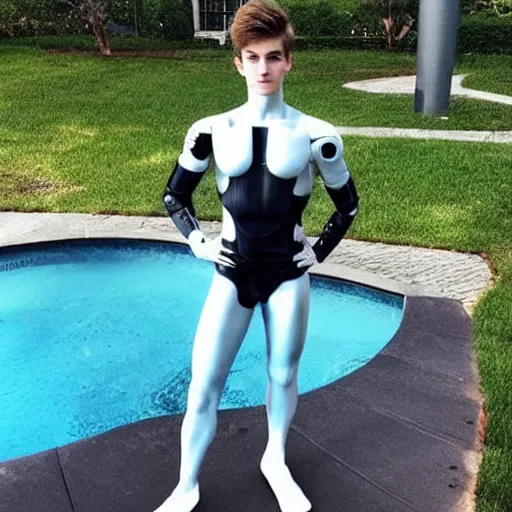 Image similar to “a realistic detailed photo of a guy who is an attractive humanoid who is half robot and half humanoid, who is a male android, twitch streamer Ninja Tyler Blevins, shiny skin, posing like a statue, blank stare, by the pool as a pool boy , display”