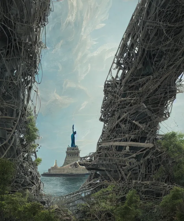 Image similar to highly detailed digital matte painting of an overgrown, abandoned, damaged close up of Lady of Liberty, taken back by nature Lady Liberty is the focus. Full shot. By Raphael Lacoste and Ruan Jia and Robert McCall, postcyberpunk, geodesic dome, hyperdetailed, sunrise, wide shot, autochrome, octane render