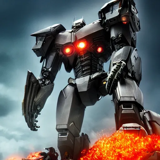 Prompt: a long shot photography of a lion jaeger in the style of the movie pacific rim, detailed, 4k