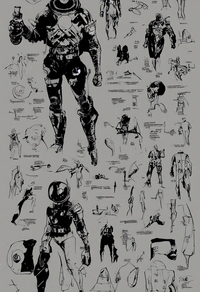 Image similar to male, heroic figure, space suit, science fiction, sketch, character sheet, very stylized, upa style, digital art, illustration, pen and ink, by mike mignola, by alex maleev