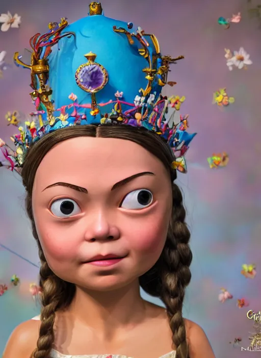 Image similar to closeup face profile portrait of tin toy greta thunberg as a bikini model princess wearing a crown eating cakes, depth of field, zeiss lens, detailed, symmetrical, centered, fashion photoshoot, by nicoletta ceccoli, mark ryden, lostfish, breathtaking, 8 k resolution, extremely detailed, beautiful, establishing shot, artistic, hyperrealistic, octane render