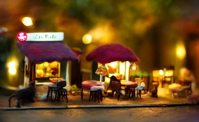 Image similar to mini cafe diorama macro photography, cafe for felted animals, ambient, atmospheric photograph, string lights, romantic