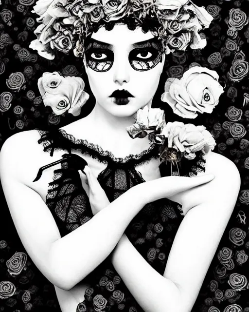 Image similar to dreamy surreal poetic black and white lithography of a beautiful young porcelain female-cyborg-vegetal with a very long neck and a super big gothic lace collar filled with dead flies and a very high big floral crown with many black dry roses by Vivienne Westwood:: smoke, high fashion, haute couture, rococo, avant-garde, elegant, dreamy, hyper realistic, 150 mm lens, soft rim light, octane render, unreal engine, volumetric lighting, dramatic light,8k,