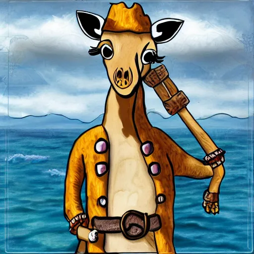 Image similar to giraffe dressed as a pirate on a wooden ship, hand drawn hyperreal hd