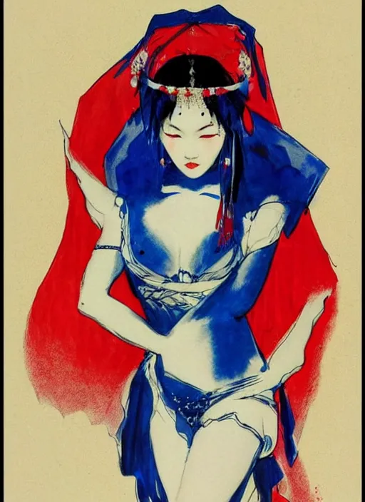 Image similar to portrait of heavyset mighty korean vampiress, jeweled veil, blue and red, strong line, saturated color, beautiful! coherent! by frank frazetta, high contrast, minimalism