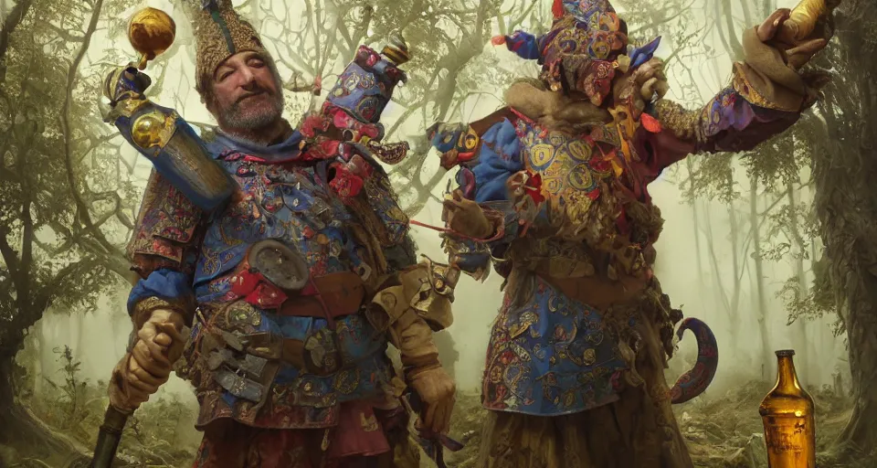 Image similar to robert de niro as medieval jester, crazy colorful clothing with a heavy golden mace in his left hand and a beer jug in his right hand, full body shot and detailled face, symmetrical face, intricate details, wandering through a forbidden forest, trending on artstation, 8k hyperrealistic, style of peter mohrbacher, octane render, unreal engine