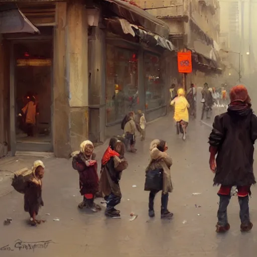 Prompt: oil painting of orphaned children asking for food in the streets of the city, by greg rutkowski, artstation