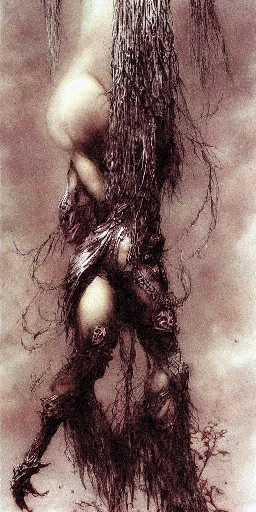 Prompt: bald barbarian girl by Beksinski and Luis Royo