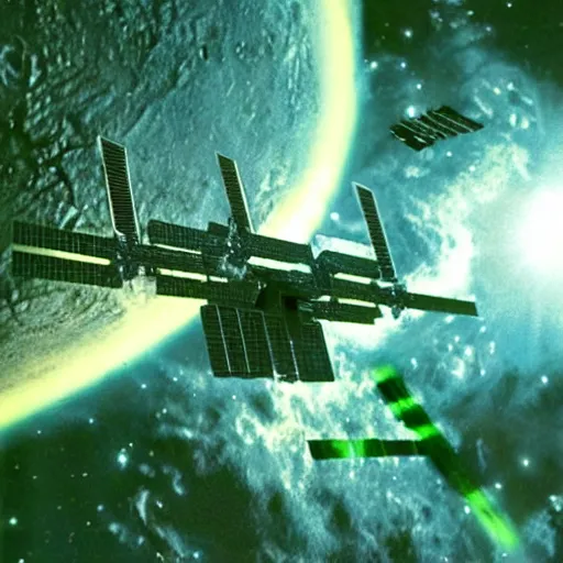 Image similar to huge Borg cube attacking the ISS, star trek, green laser, resistance is futile, film still