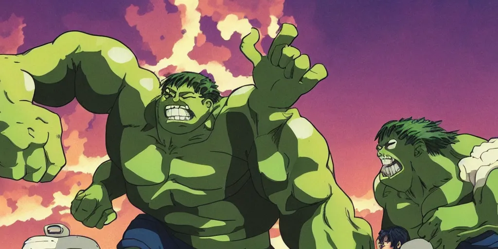 Prompt: studio ghibli image of the hulk fighting thanos