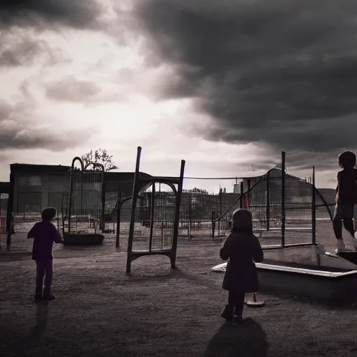 Prompt: A photograph of the end of the world with children playing in a playground, melancholic, cinematic, moody lighting