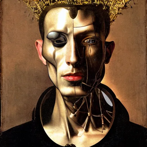 Image similar to a portrait of cyborg king connected to a man-machine interface by Caravaggio, renaissance style