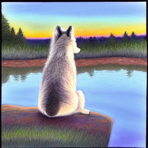 Prompt: rear view of fluffy baby grey wolf sitting on the shore of a pond looking out at the sunset, colored pencil on white background by eloise wilkin