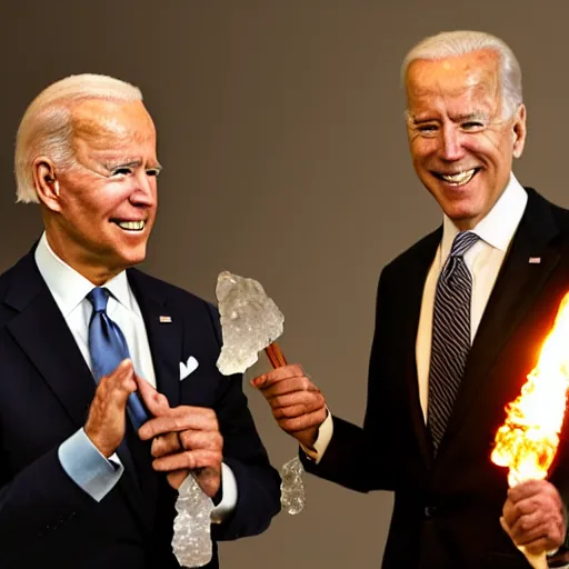 Image similar to UHD candid photo of Joe Biden holding up a big quartz crystal with Hunter Biden holding a torch, UHD, photorealistic, correct face, photo by Annie Leibowitz