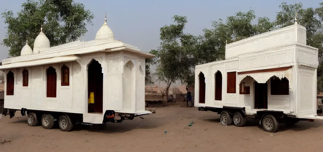 Image similar to mughal - style white ivory tiny home on trailer with minarets in agra, india