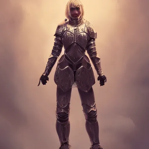 Image similar to full body portrait of a blonde female wearing knight armor, an ultrafine hyperdetailed illustration by tooth wu and wlop and beeple and greg rutkowski, trending on artstation, highly detailed, 4 k, 8 k