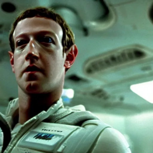 Image similar to a broken mark zuckerberg android leaking white fluid on the spaceship Nostromo from the movie Alien.