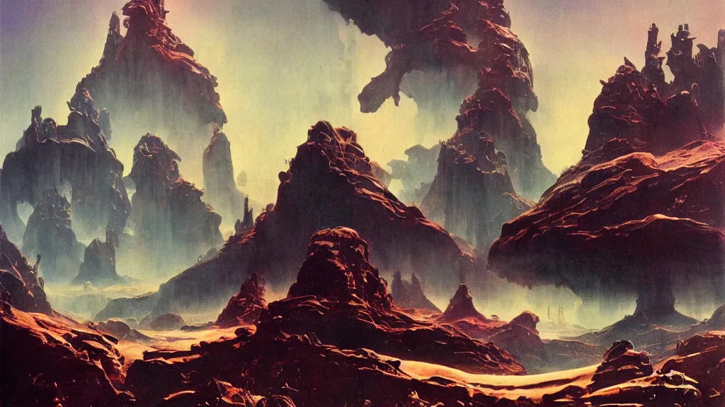 Image similar to surreal eerie alien planet empire by frank frazetta and bruce pennington, cinematic matte painting