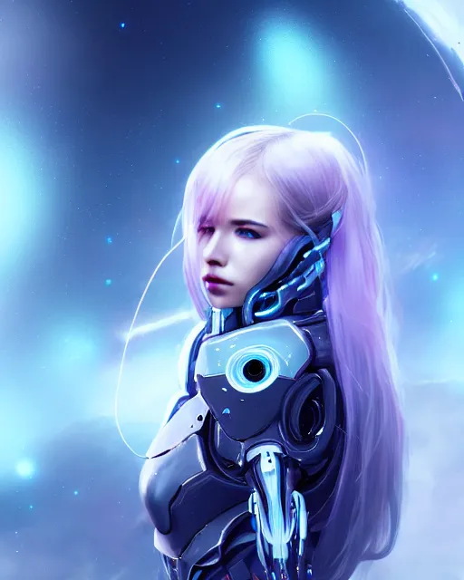 Image similar to perfect android girl on a mothership, warframe armor, beautiful face, scifi, futuristic, galaxy, nebula, bae suzy, dreamy, long white hair, blue cyborg eyes, sharp focus, cinematic lighting, highly detailed, artstation, divine, by gauthier leblanc, kazuya takahashi, huifeng huang