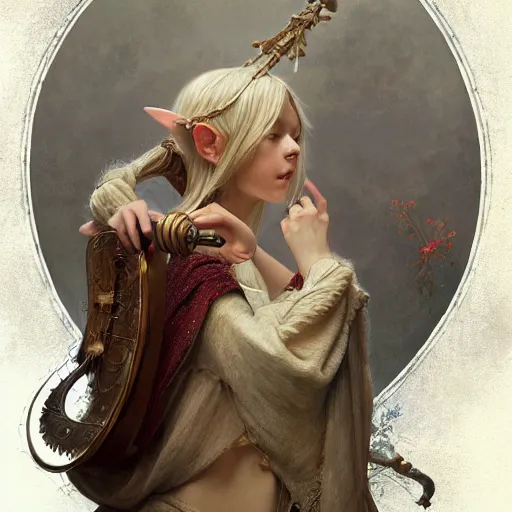 Image similar to elf fairy with a lute wearing a cardigan, blonde, highly detailed, intricate, digital painting, artstation, sharp focus, illustration, art by jakub rozalski, greg rutkowski, artgerm, tan zi and ayanamikodon and alphonse mucha and wlop