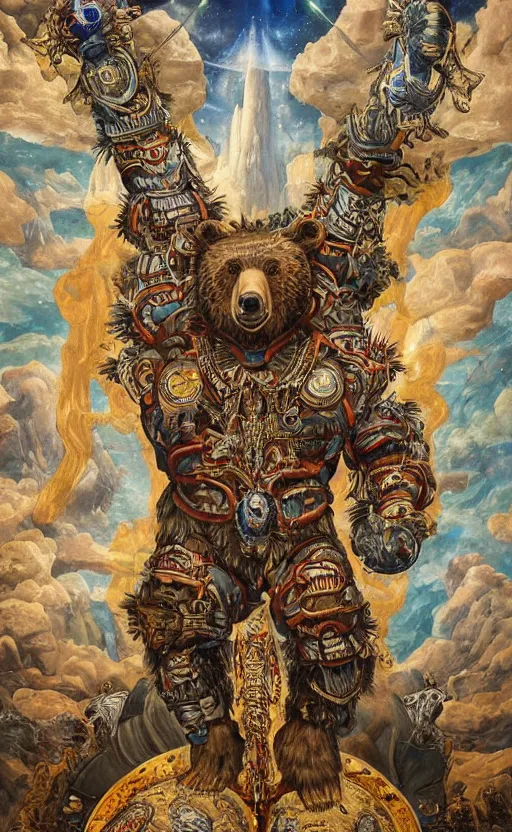 Prompt: mural of a bear beast-man, sci fi weapon, royal ornaments, reaching towards the heavens, sci fi world, holy imagery, highly detailed, beautiful colors, renaissance mural, mural in the style of sandro boticceli, sandro boticceli