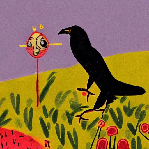 Image similar to a crow trying to grab a ram, children's book illustration, in the style of Andy Catling,