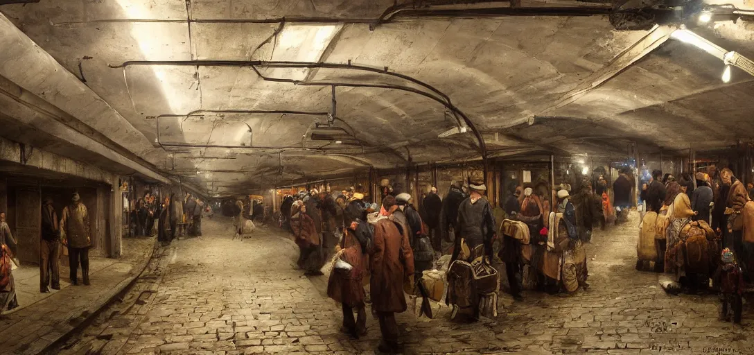 Image similar to market in an underground subway track by eugene von guerard, ivan shishkin, dramatic lighting, concept art, trending on artstation