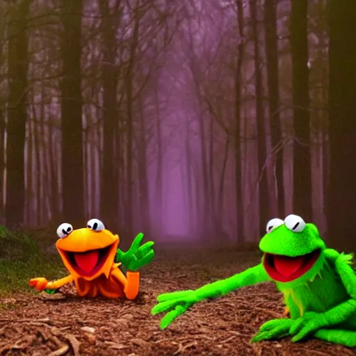 Prompt: demonic muppets in magical forest, kermit, elmo, dark atmosphere, soft lighting, high detail, 8 k