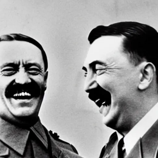 Prompt: hitler and joseph stalin laughing during ww 2