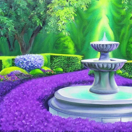 Image similar to tranquil painting of purple garden with green trees and a water fountain in the middle of garden, detailed, 8k, mesmerizing