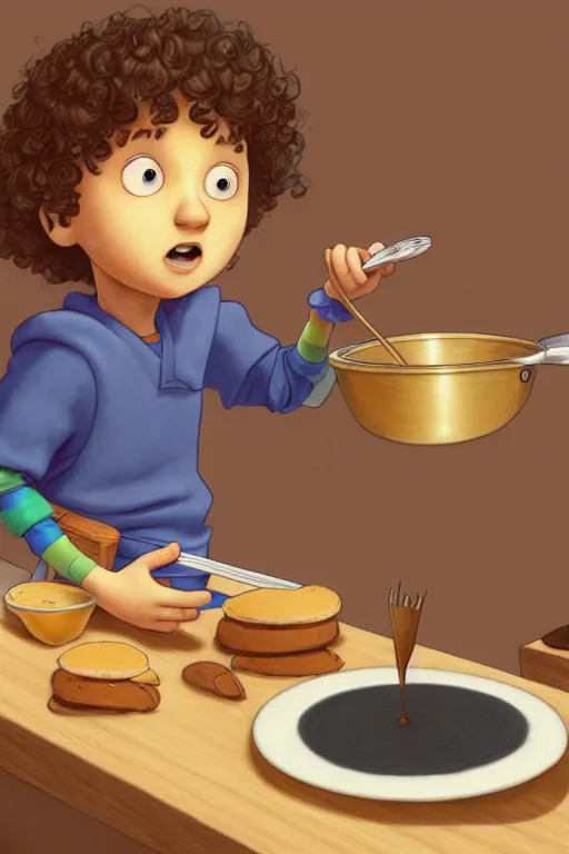 Image similar to young arlo guthrie making pancakes, animation pixar style, by pendleton ward, magali villeneuve, artgerm, rob rey and kentaro miura style, golden ratio, trending on art station